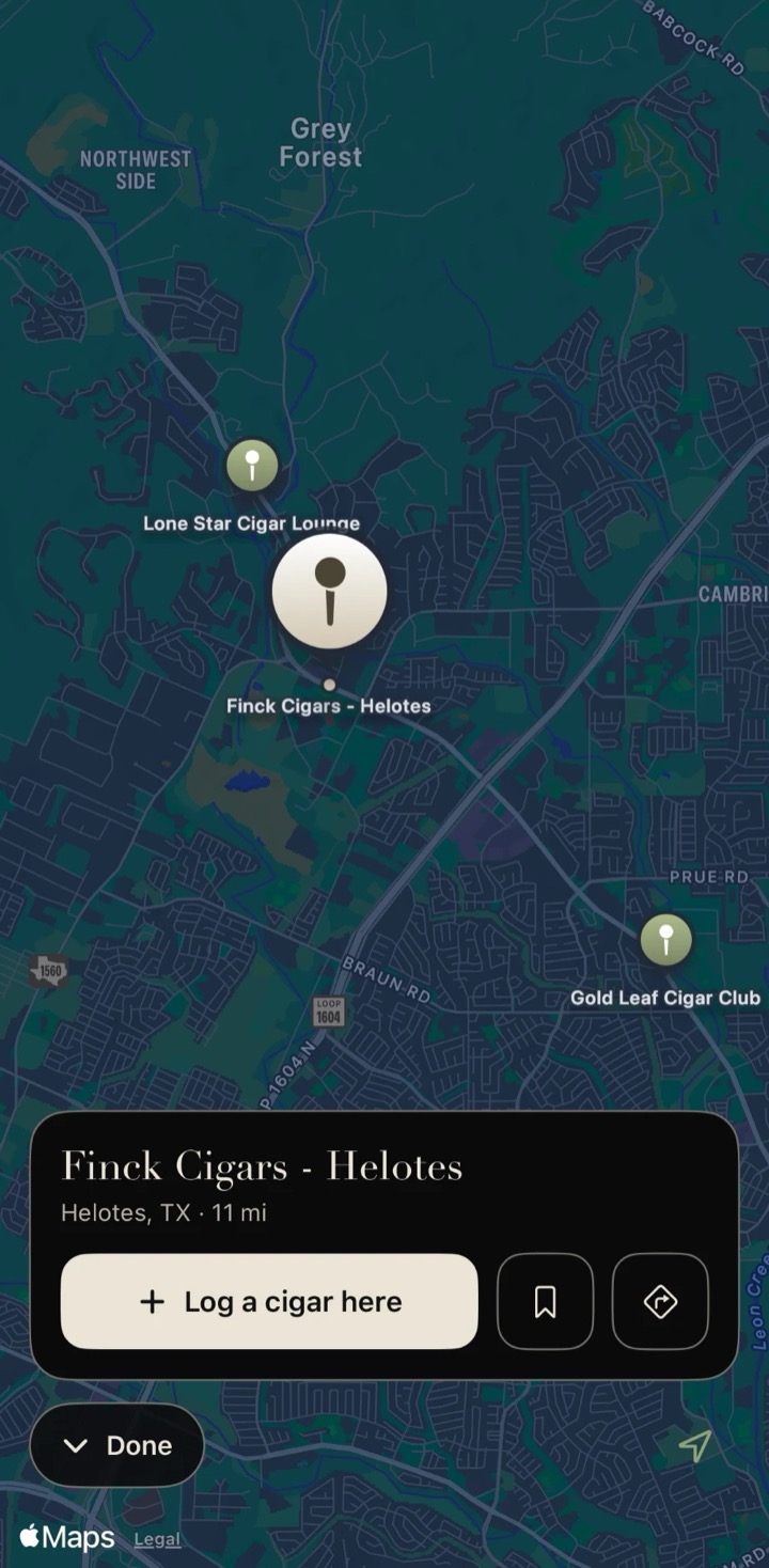 Reserva's Lounges map around Helotes, Texas, with Finck Cigars selected, 11 miles away, and a Log a cigar here button